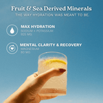 A hand holds a clear textured glass with a pale yellow drink and a lemon slice against a blue sky background. White text at the top reads 'Fruit & Sea Derived Minerals' and lists hydration and mental clarity benefits with ingredient amounts.