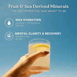 A hand holds a clear textured glass with a pale yellow drink and a lemon slice against a blue sky background. White text at the top reads 'Fruit & Sea Derived Minerals' and lists hydration and mental clarity benefits with ingredient amounts.