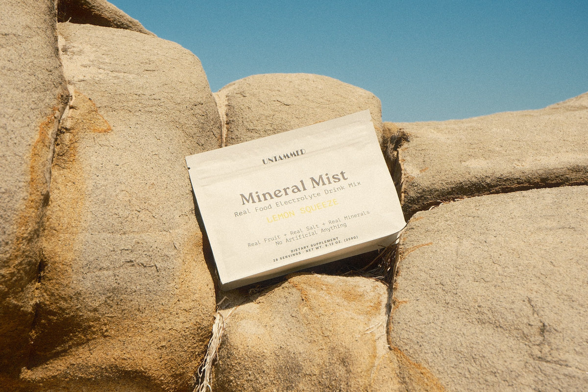 A bag of Mineral Mist Lemon Squeeze resting on sunlit beach rocks